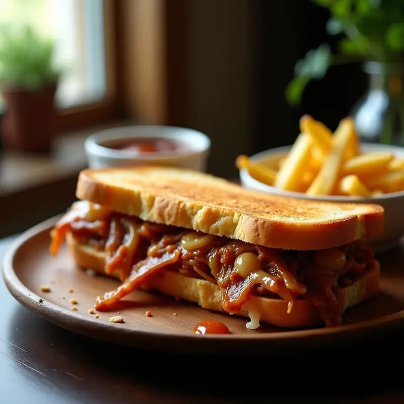 Sándwich de costilla de cerdo desmenuzada con queso gorgonzola y caramelo de cebolla