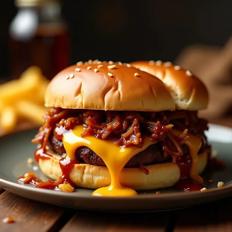 Sándwich de Costillas de Cerdo Desmenuzadas con BBQ y Queso Fundido: Bocado Jugoso y Ahumado