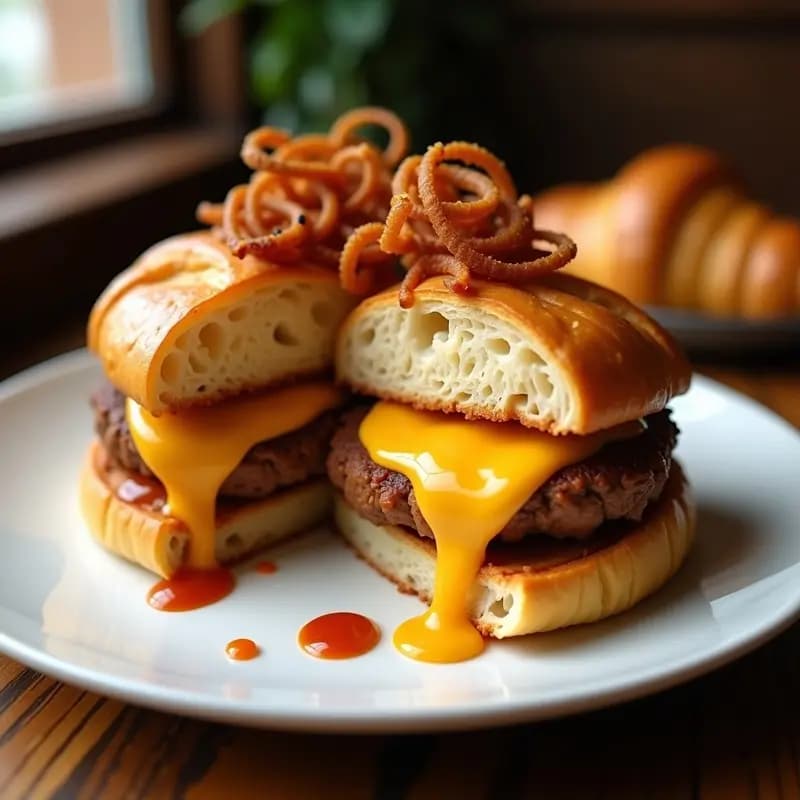 Sándwich de Croissant con Hamburguesa Doble y Queso Fundido: Desayuno o Cena de Sueño