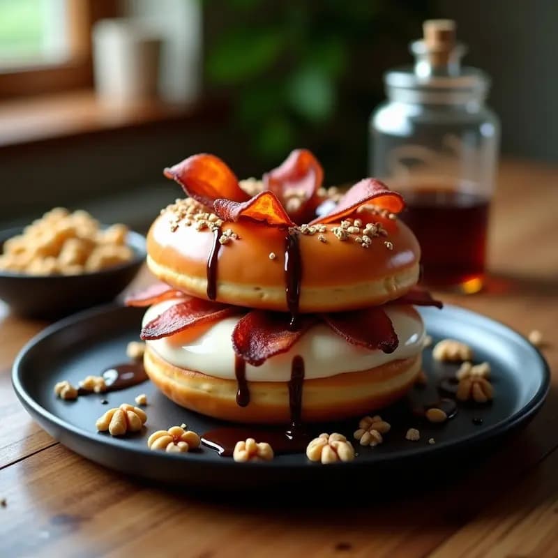 Sándwich de Donuts Glaseados con Helado de Vainilla y Bacon Crujiente: Desayuno o Postre de Leyenda