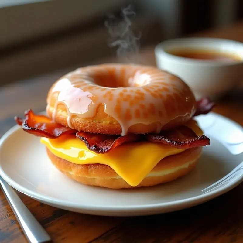 Sándwich de Donuts Glaseados con Tocino Crujiente, Huevos Revuelos y Queso Americano: El Desayuno que te Hará Olvidar la Dieta