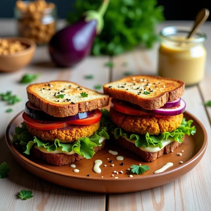 Sándwich de Falafel y Berenjena Asada: Receta Vegana con Pan de Centeno Sin Gluten