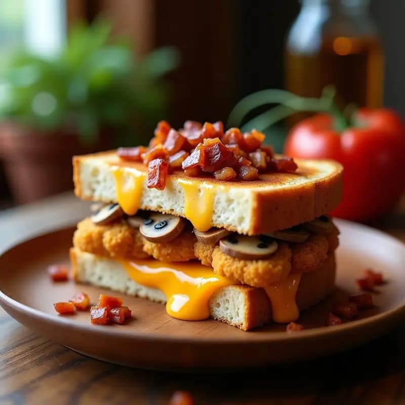 Sándwich de Filete Empanado con Queso Cheddar y Salsa de Champiñones con Bacon: Bocado de Lujo Rápido