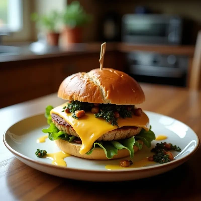 Sándwich de Filete Empanizado con Queso Americano y Salsa de Queso Azul entre Pan de Brioche Frito: El Rey de los Sándwiches