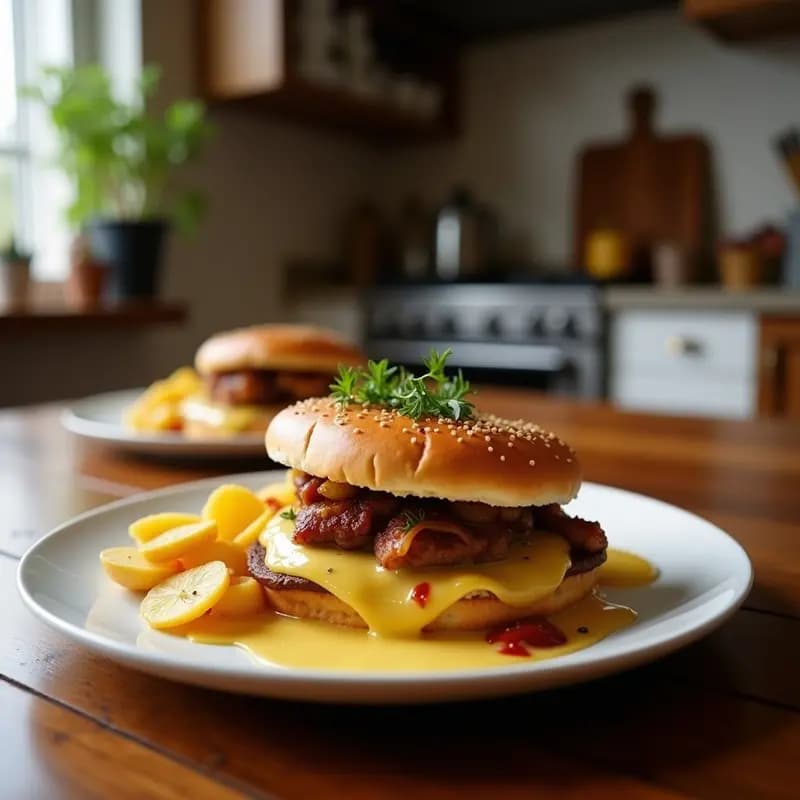 Sándwich de Filete Empanizado con Queso Fundido, Cebolla Caramelizada y Patatas en el Pan: El Rey de los Bocadillos