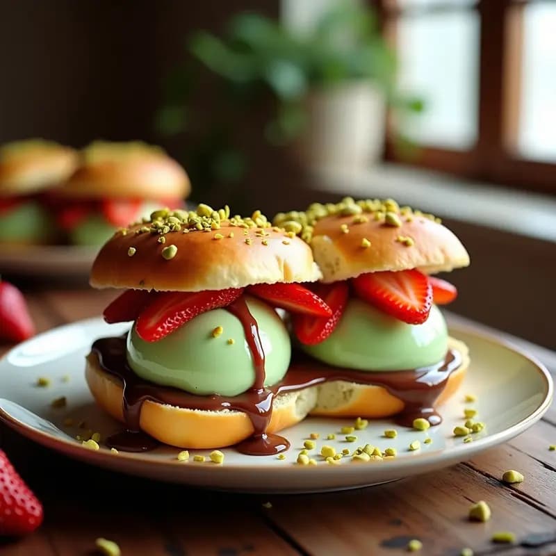 Sándwich de Gelato: Pan de Brioche con Helado de Pistacho, Nutella y Fresas Frescas