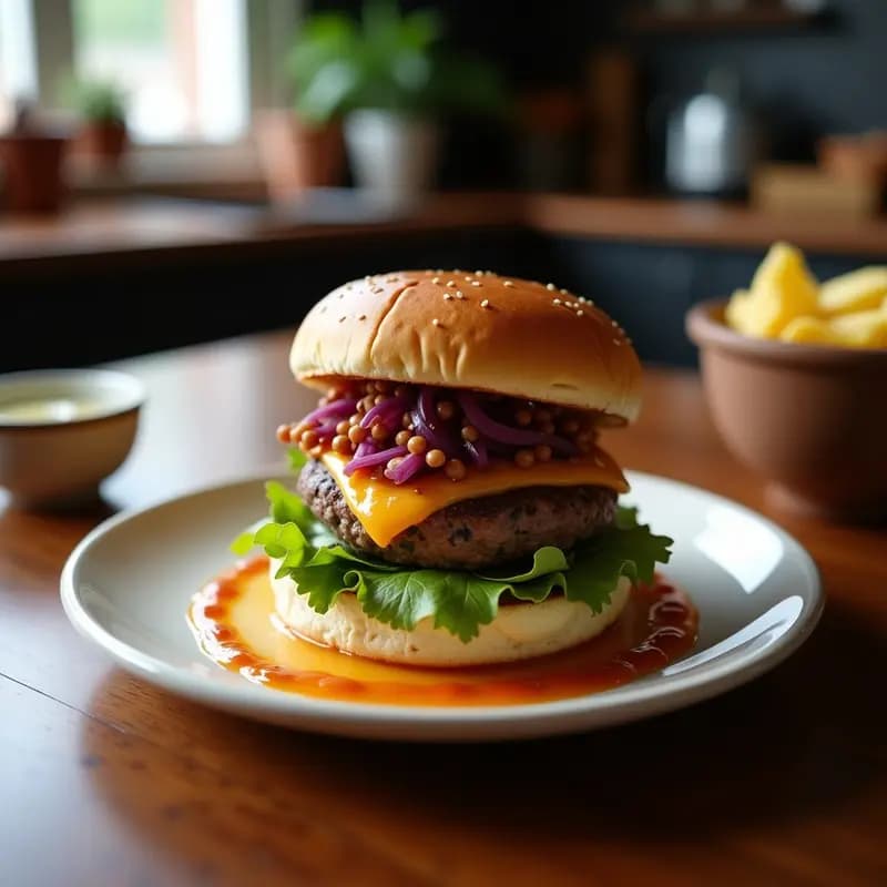 Sándwich de Hamburguesa con Queso Azul, Cebolla Morada y Rúcula: Sofisticación en un Bocado