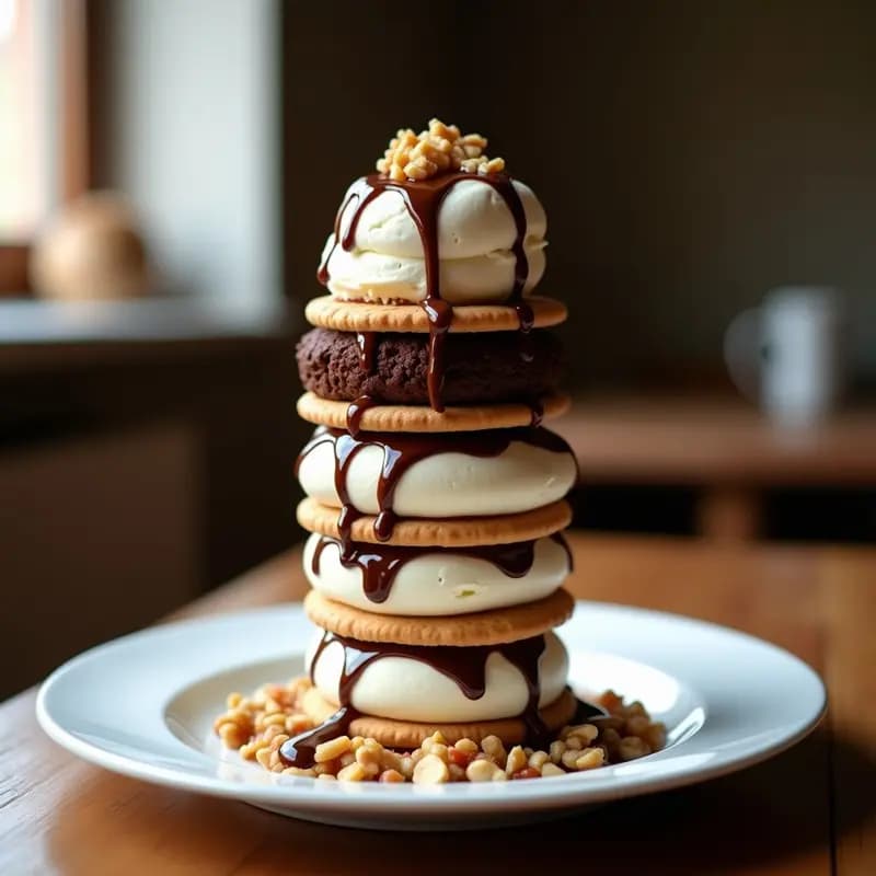 Sándwich de Helado de 5 Capas con Brownie, Galletas y Crema de Nuez: Postre que Desafía la Gravedad