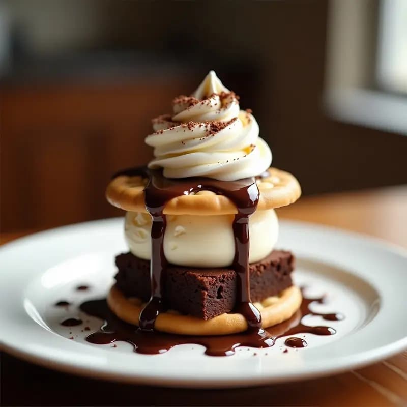 Sándwich de Helado de 5 Capas: Galleta, Helado, Brownies, Nata y Sirope de Chocolate