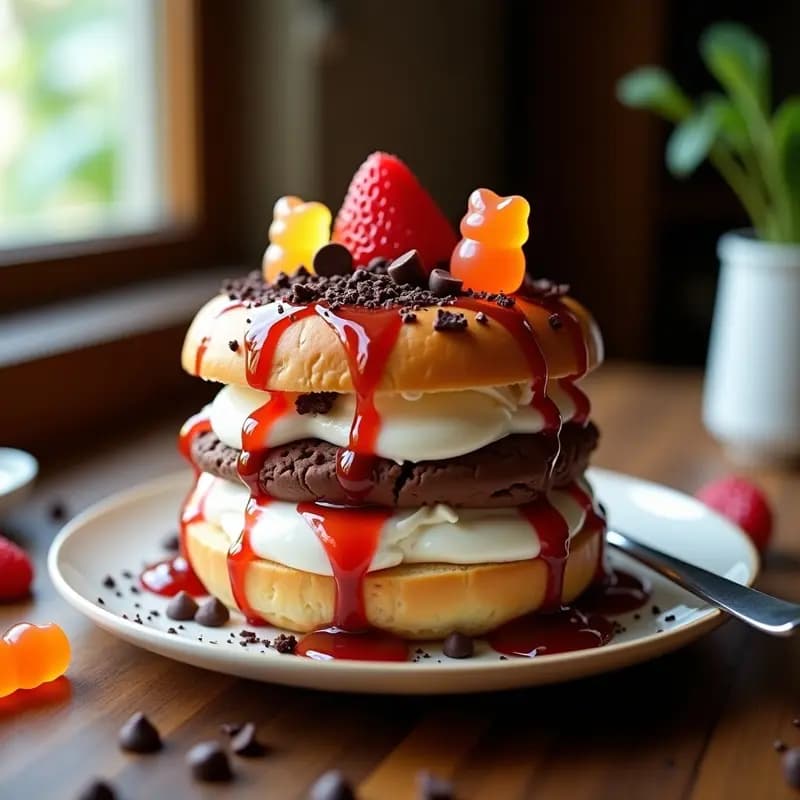 Sándwich de Helado: Pan de Brioche, 3 Capas de Helado y Salsa de Fresa y Chocolate