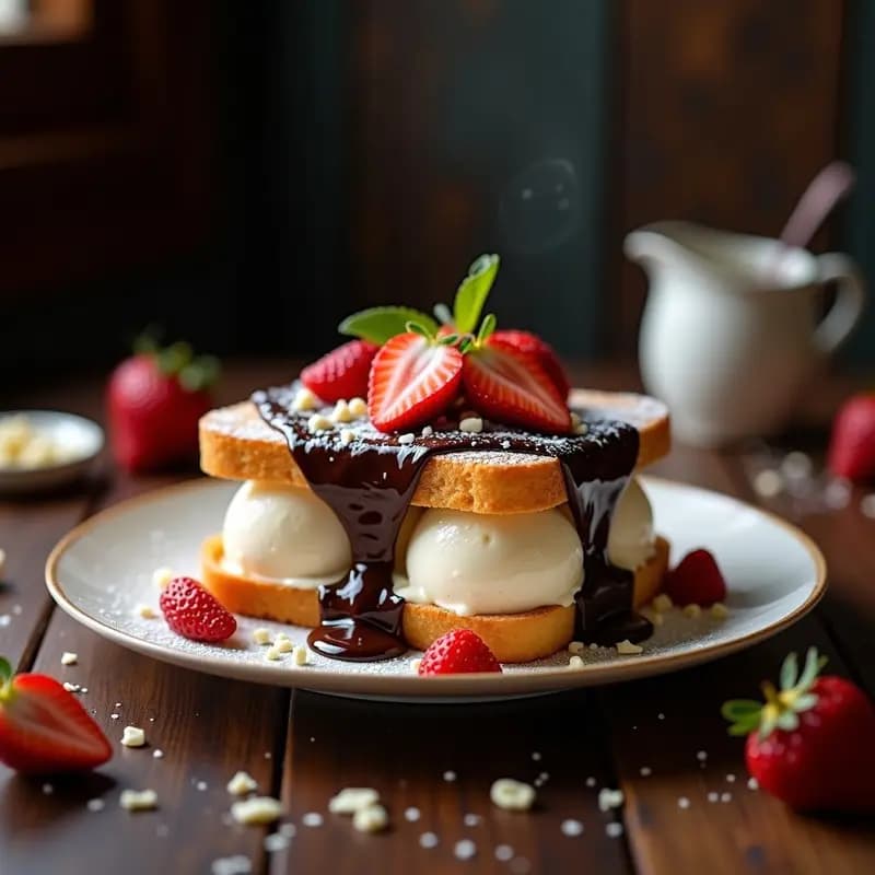 Sándwich de Helado de Vainilla entre Pan de Brioche con Toppings de Fresas y Chocolate: Postre Francés
