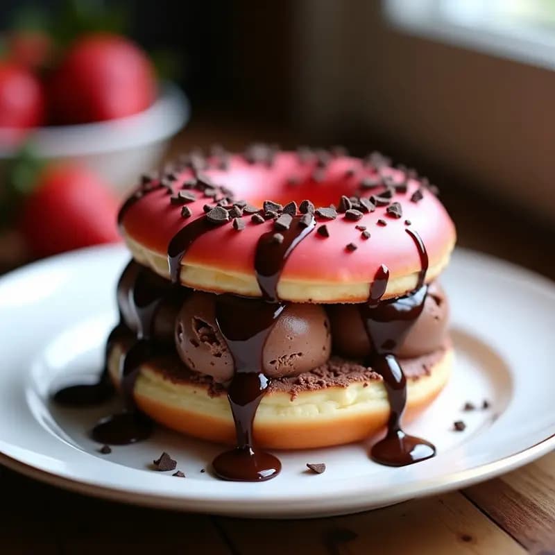 Sándwich de Helado de Chocolate entre Donuts de Fresa: Desayuno de Campeón
