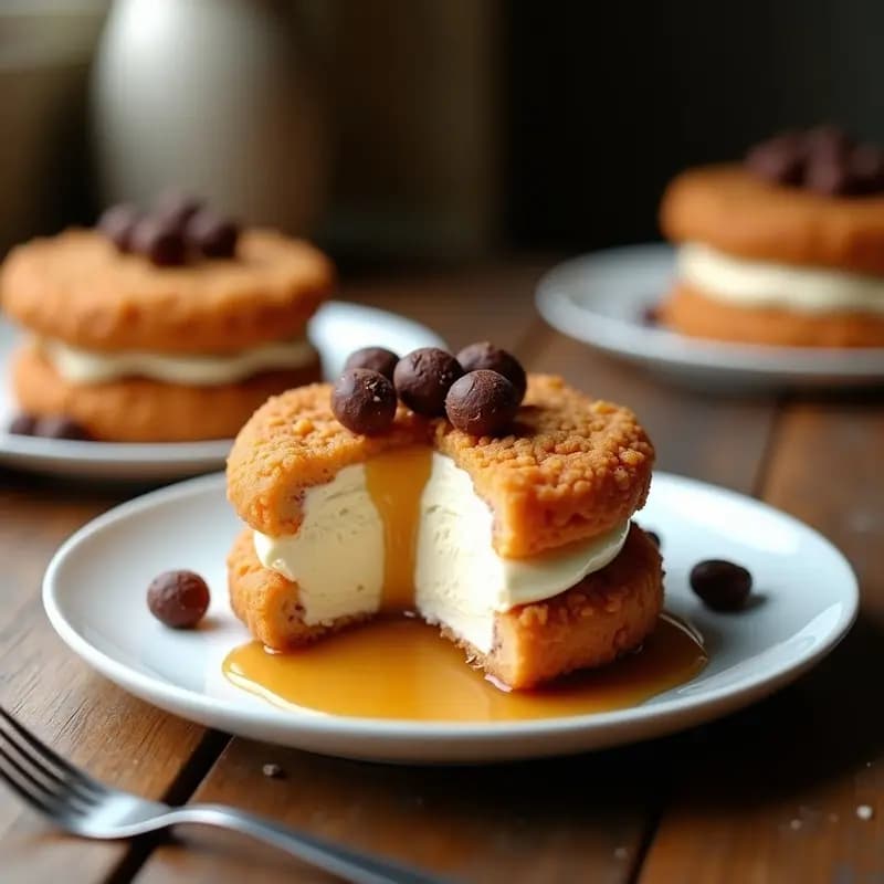 Sándwich de Helado Frito con Cereales y Sirope de Caramelo: Postre que Parece un Plato Salado
