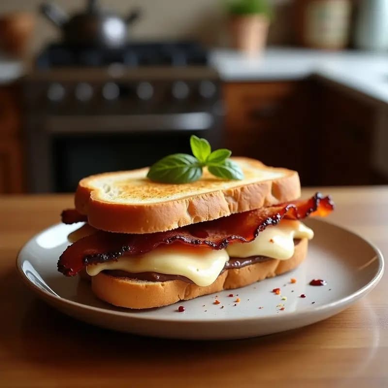 Sándwich de Helado entre Pan de Molde Dorado con Bacon y Jarabe de Chocolate: Desayuno o Merienda Locura
