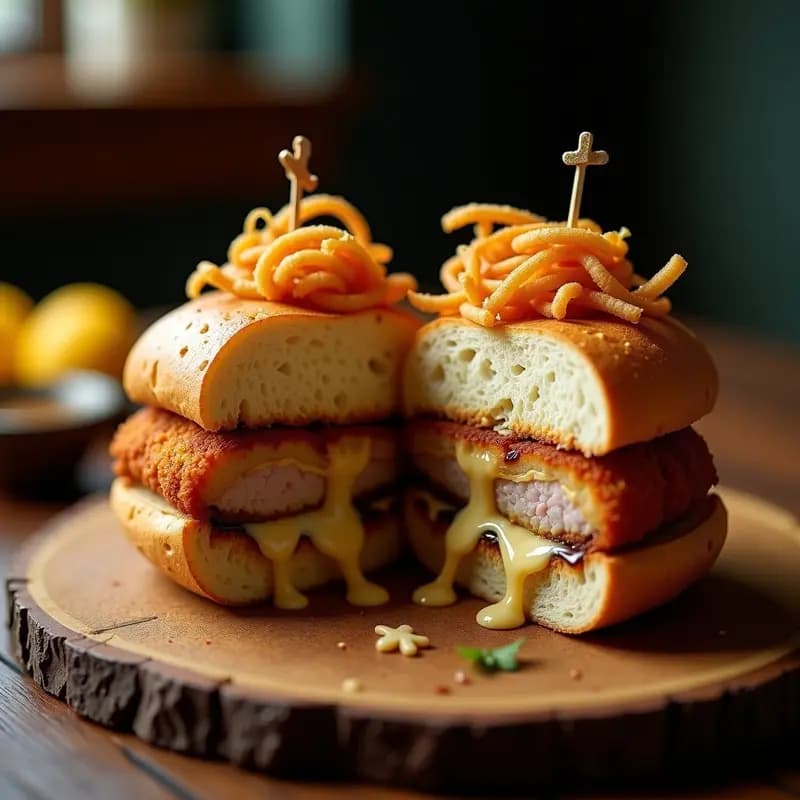Sándwich de Helmado con Queso Fundido, Cebolla Crujiente y Salsa de Trufa: Receta de Comida Callejera Premium