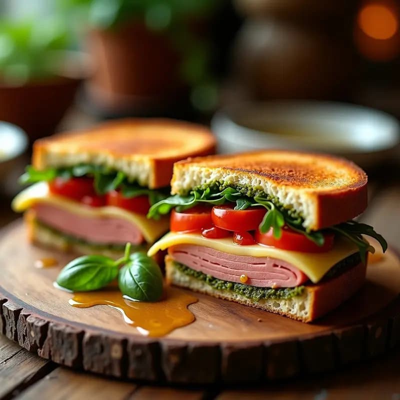 Sándwich de Mortadela Queso Provolone y Pesto Rociado con Aceite de Trufa: Receta Italiana Gourmet y Abundante