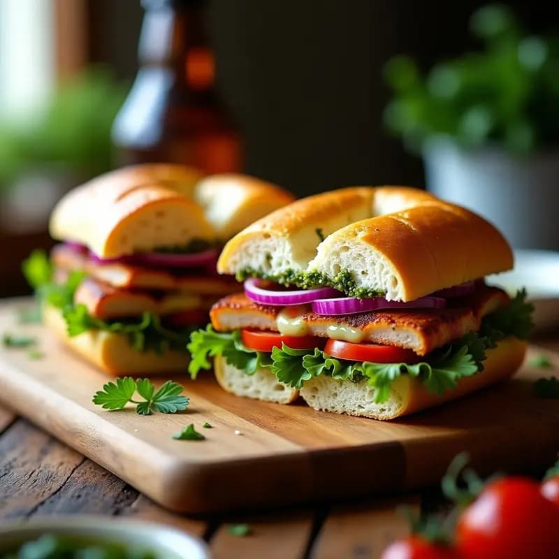 Padre Pío Sandwich: Pan Baguette con Lomo de Cerdo, Queso Provolone y Salsa Chimichurri