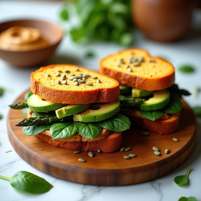Sándwich de Pan de Batata con Hummus de Lentejas y Espárragos a la Plancha: Receta Vegana Sin Gluten