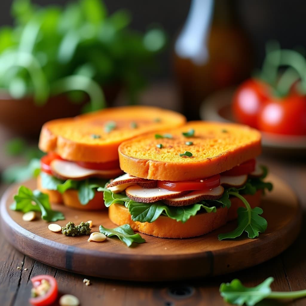 Sándwich de Pan de Batata y Pavo con Pesto de Rúcula: Receta Sin Gluten Alta en Proteína