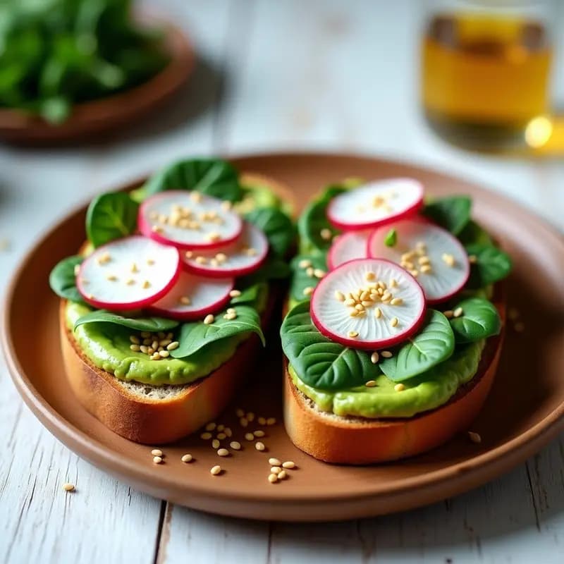 Sándwich Abierto de Pan de Espelta con Hummus de Guisantes y Rábanos Encurtidos: Receta Alemán para Desayuno