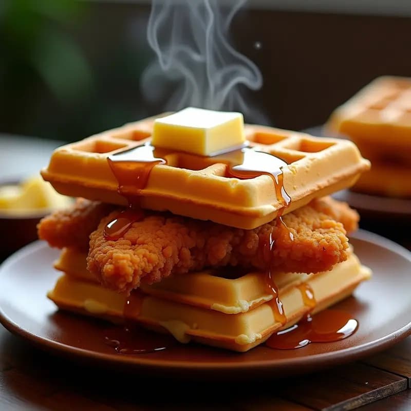 Sándwich de Pan Francés con Pollo Frito, Waffles y Sirope de Arce