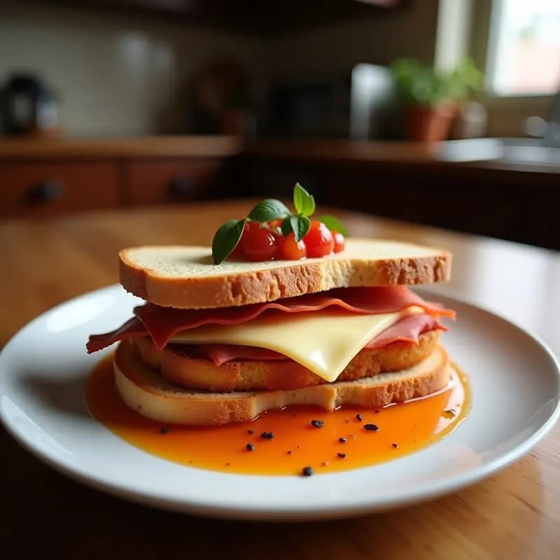 Sándwich de Pan de Molde Frito con Jamón, Queso y Mermelada de Fresa