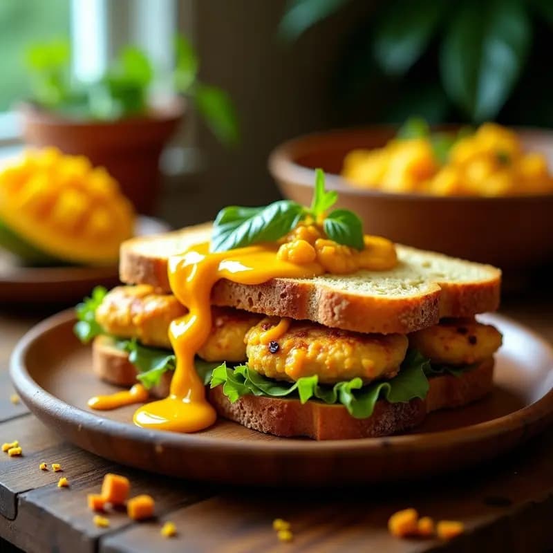 Sándwich de Pan de Plátano y Pollo al Curry con Chutney de Mango: Receta Indio-Caribena