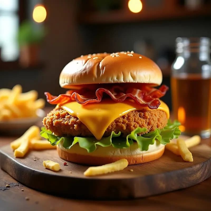 Sándwich de Pollo Crujiente con Queso Cheddar, Bacon y Miel: El bocado Perfecto