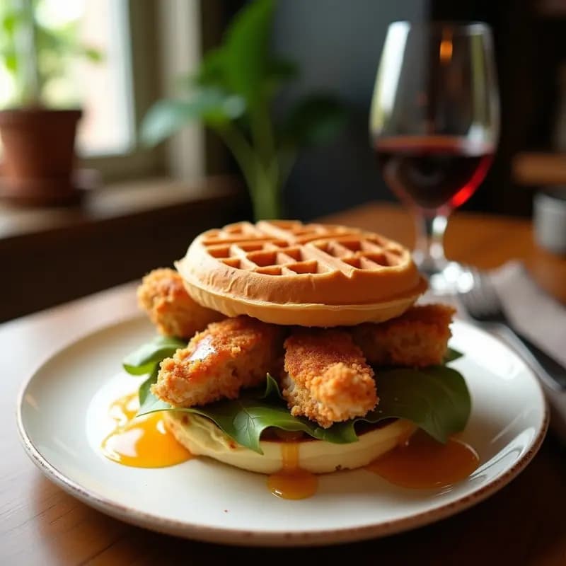 Sándwich de Pollo Empanizado, Waffles y Mantequilla de Arce: Desayuno Americano para un Día de Excesos