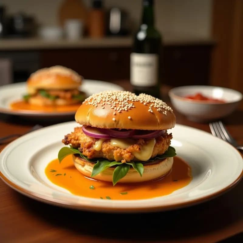 Sándwich de Pollo Frito Crujiente con Pan de Brioche, Mantequilla de Ajo y Queso Americano: Bocado de Felicidad