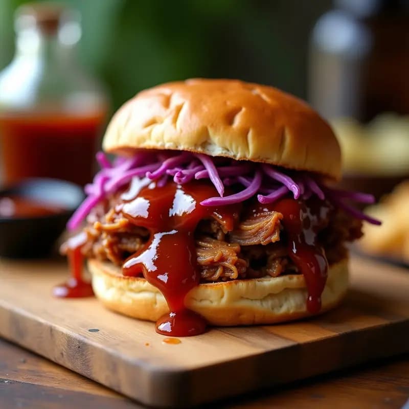Sándwich de Pull Pork con Salsa Barbacoa y Ensalada de Col Morada: Bocado Contundente