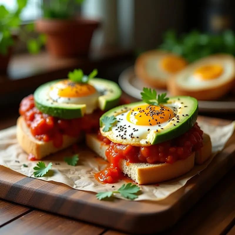 Sándwich de Shakshuka: Desayuno Tunecino con Huevos, Aguacate y Pan Integral