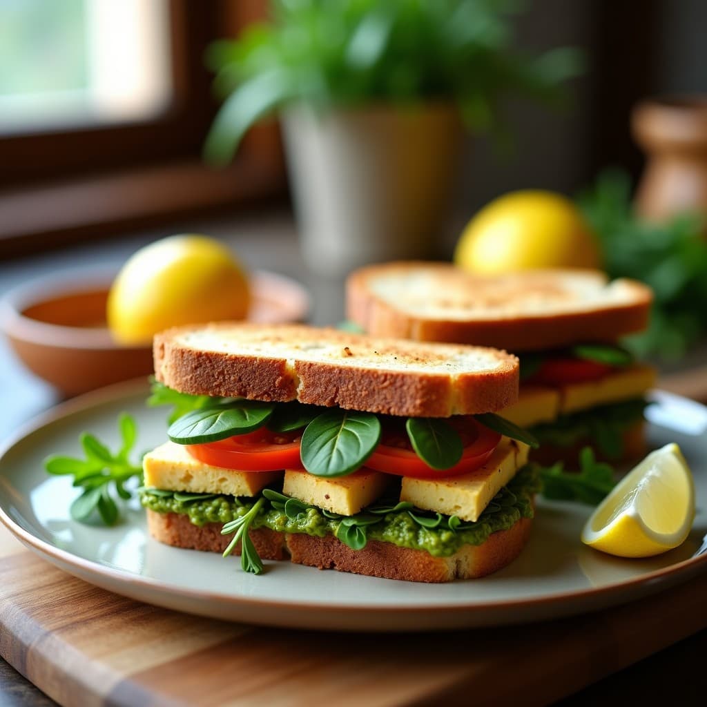 Sándwich de Tofu Ahumado y Pesto de Rúcula: Receta Vegana Alta en Proteína para Tupper