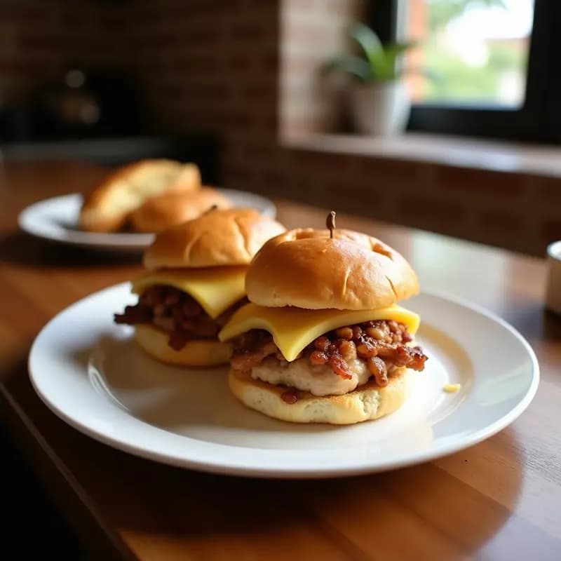Sándwich de Tres Pisos: Pollo Frito, Costillas BBQ y Queso Fundido con Pan de Brioche