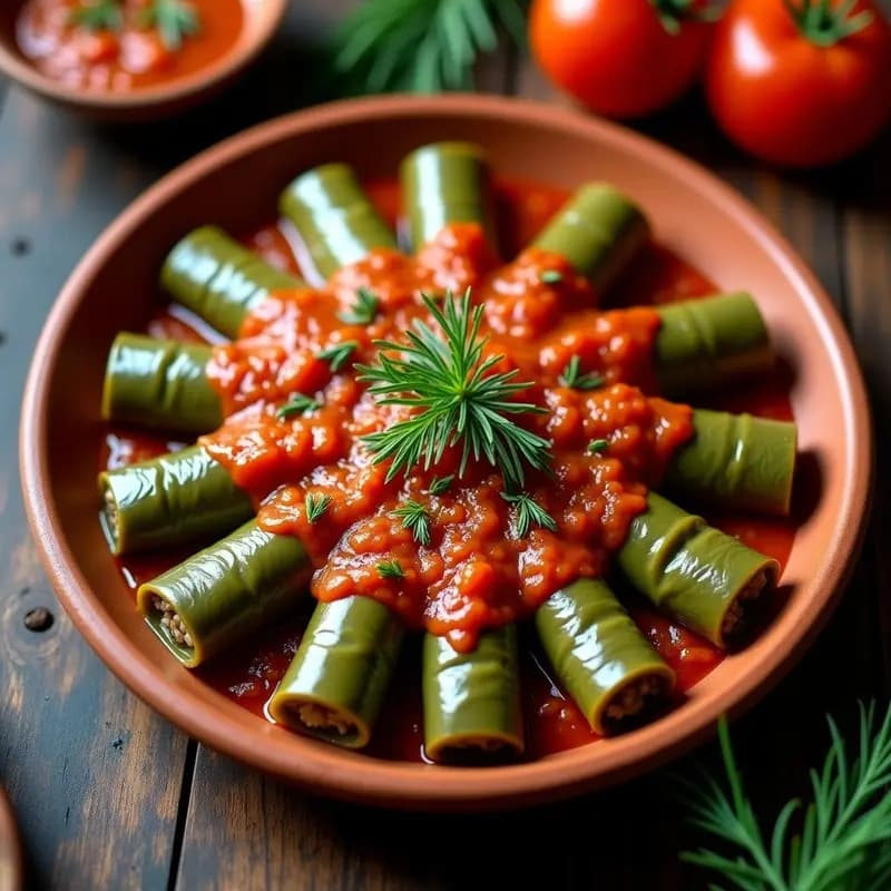 Sarmale Rumanos con Hojas de Parra: Rollitos de Arroz y Champiñones en Salsa de Tomate