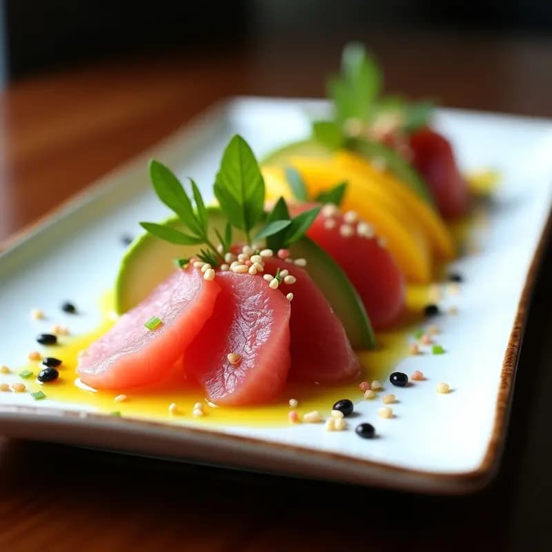 Sashimi de Atún con Mango y Aguacate: Receta Japonesa Dulce-Salada con Vinagreta de Yuzu