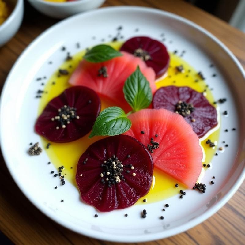 Sashimi de Remolacha y Sandía con Aceite de Oliva y Flakes de Trufa: Receta Crudivegana Gourmet en 15 Minutos