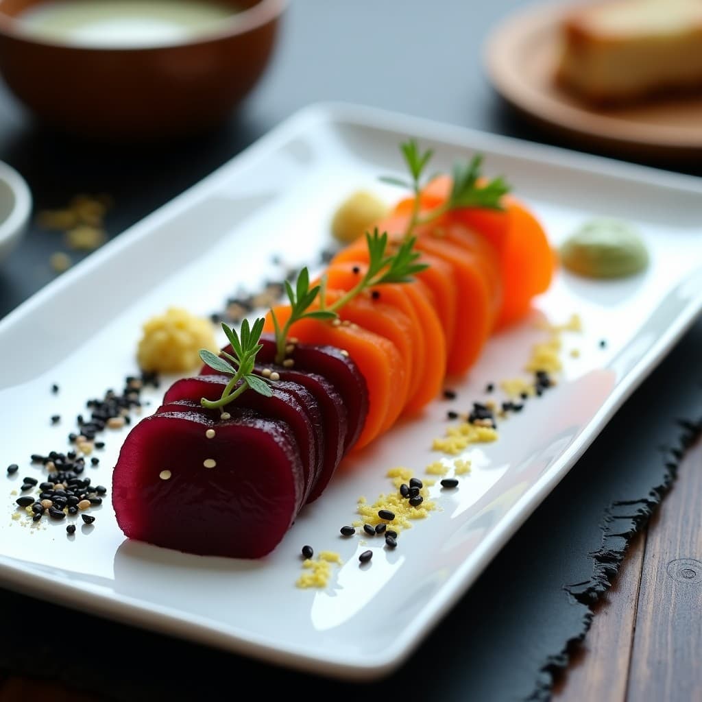 Sashimi de Remolacha y Zanahoria Marinada con Wasabi Vegano: Entrante Japonés Sin Pescado