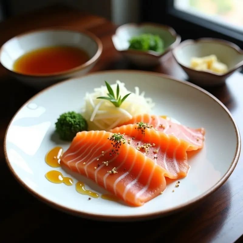 Sashimi de Salmón con Salsa Ponzu y Rábanos Encurtidos: Entrante Japonés Crudo y Fresco