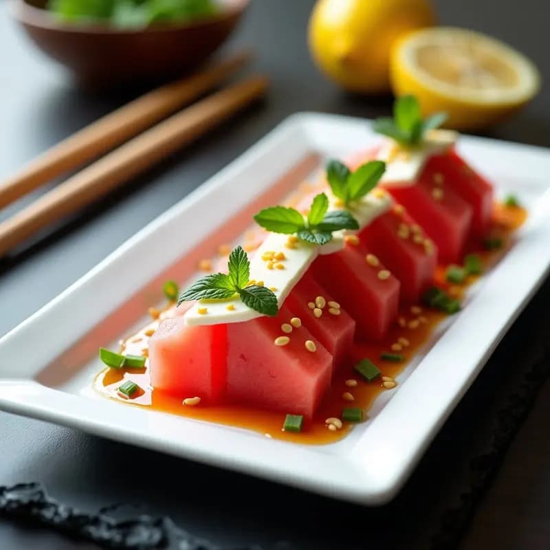 Sashimi de Sandía y Queso Feta: Aperitivo Japonés-Griego Fresco y Veraniego