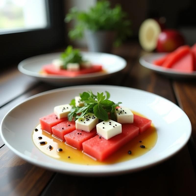 Sashimi de Sandía y Queso Feta con Vinagreta de Miel y Rúcula: Entrante Innovador sin Cocción