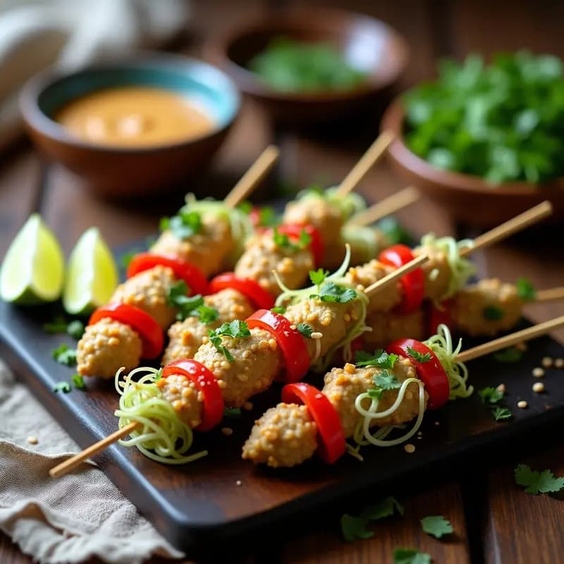 Satay de Cerrojo con Salsa de Cacahuete y Lima: Brochetas Malasias Crudiveganas en 15 Minutos