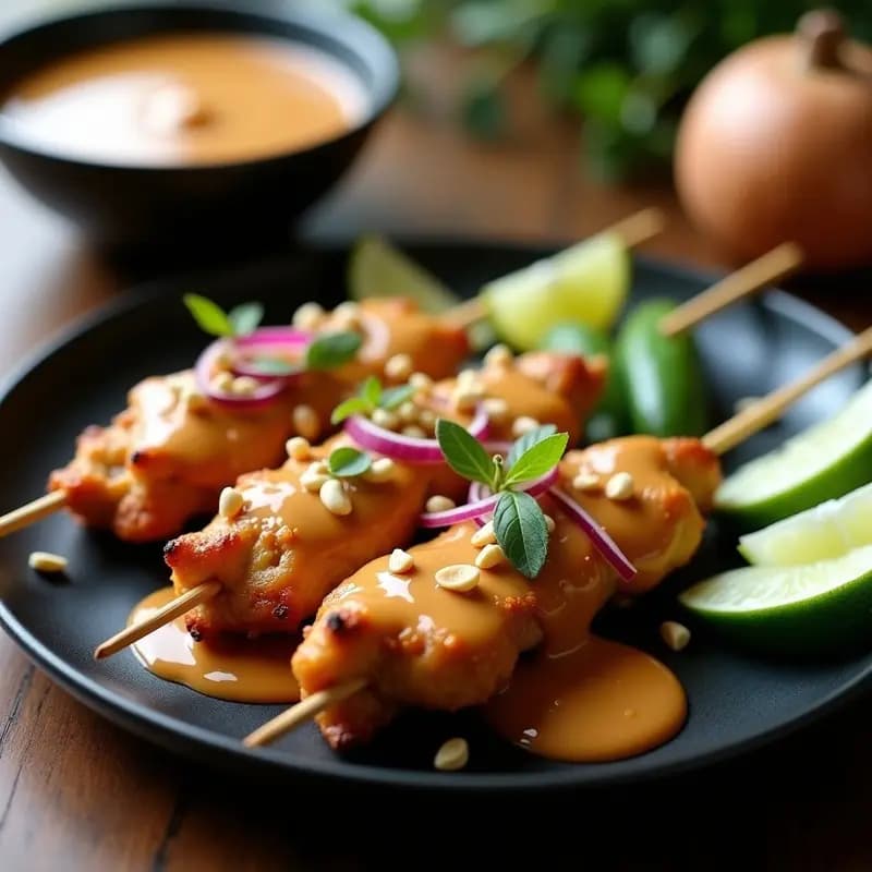 satay de pollo con cacahuetes y salsa obat: Receta Indonesia Alta en Proteína y Sin Gluten