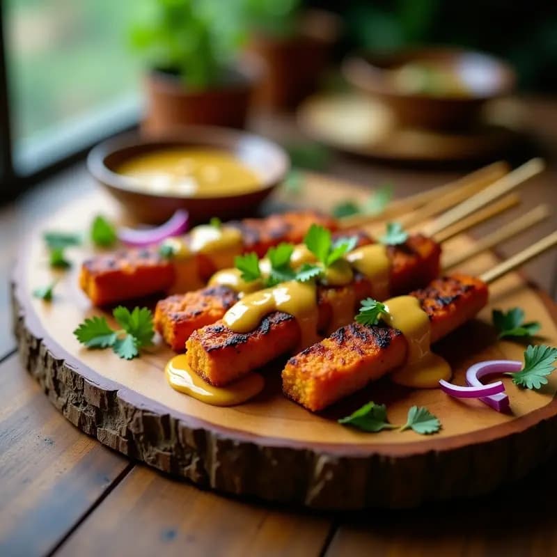 Satay de Seitan con Salsa de Cacahuete y Cúrcuma: Brochetas Indonesias Veganas