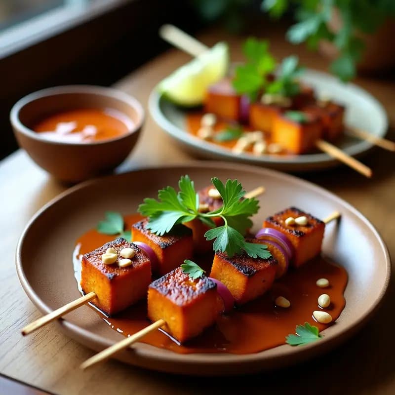 Satay de Tempeh y Cacahuete: Brochetas Indoneas Veganas con Salsa Picante