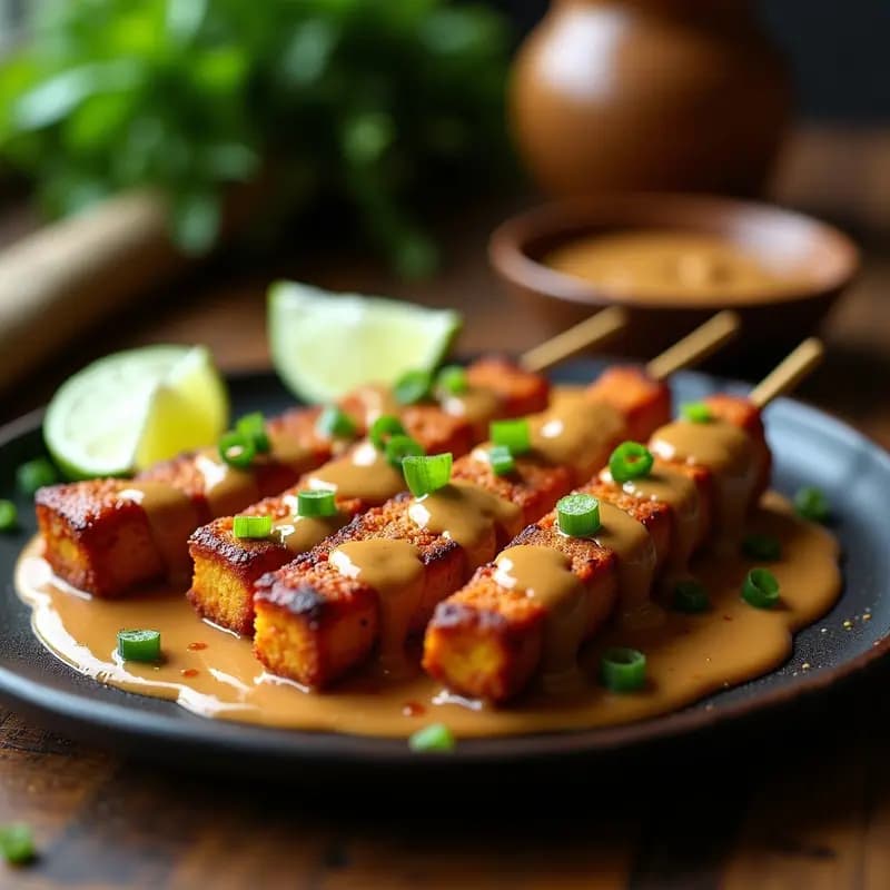 Satay de Tempeh con Salsa de Cacahuete y Lima: Receta Indonesia Vegana en Airfryer