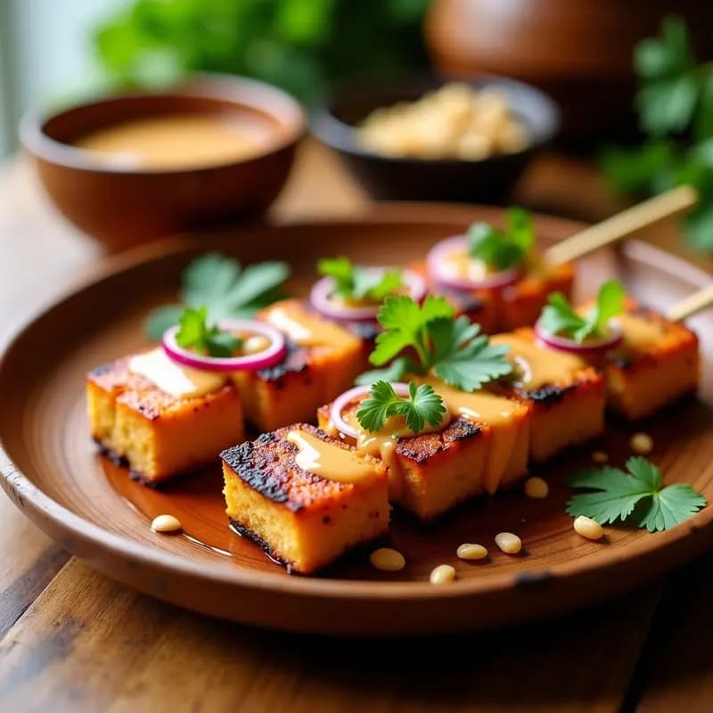 Satay de Tempeh con Salsa de Cacahuete y Limón: Receta Tailandesa Vegana en Pinchos