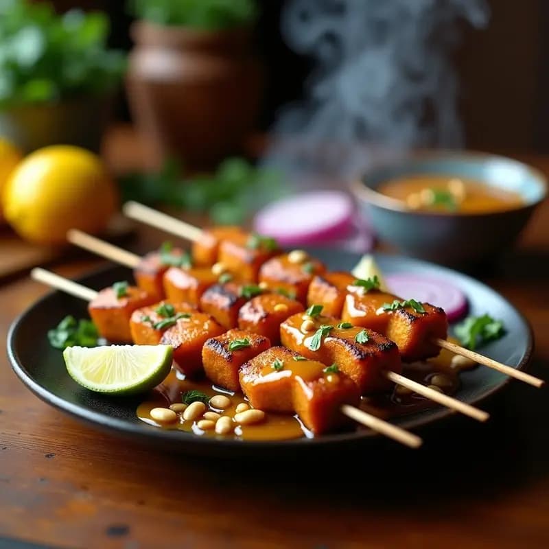 Satay de Tempeh con Salsa de Cacahuete y Limón: Aperitivo Indonecio Vegano en Grill