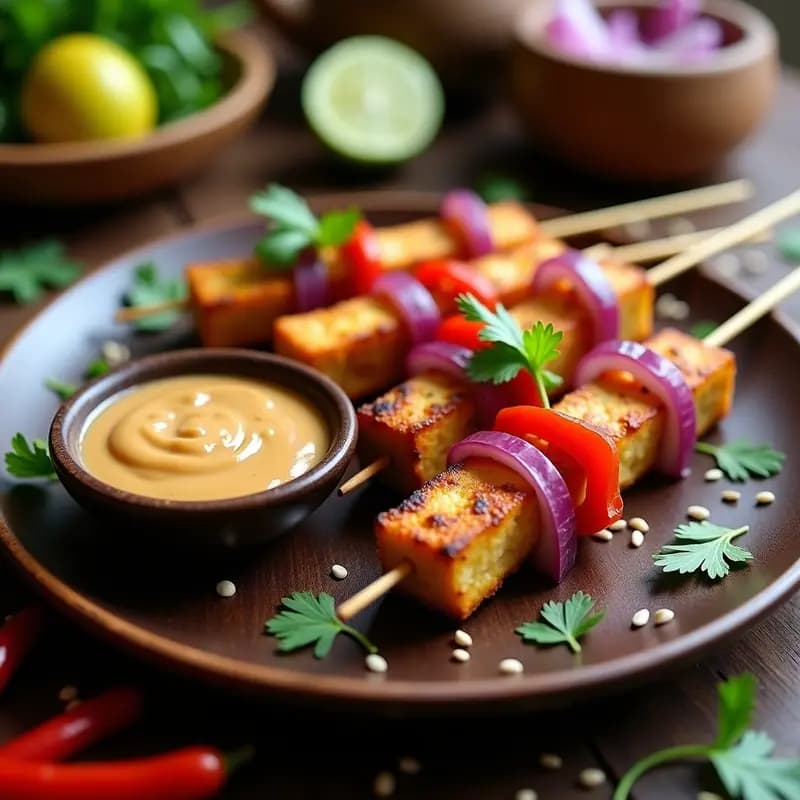 Satay de Tempeh con Salsa de Cacahuete y Limón: Brochetas Indonecias 100% Vegetales