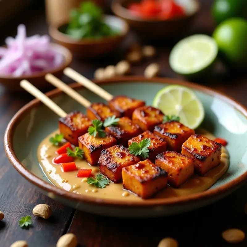 Satay de Tempeh con Salsa de Maní y Lima: Receta Indonesa Vegana en Brochetas